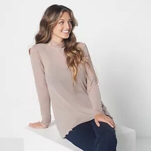 LOGO Layers by Lori Goldstein Sheer Mesh Mock Neck Top Lace Trim Light Mocha M